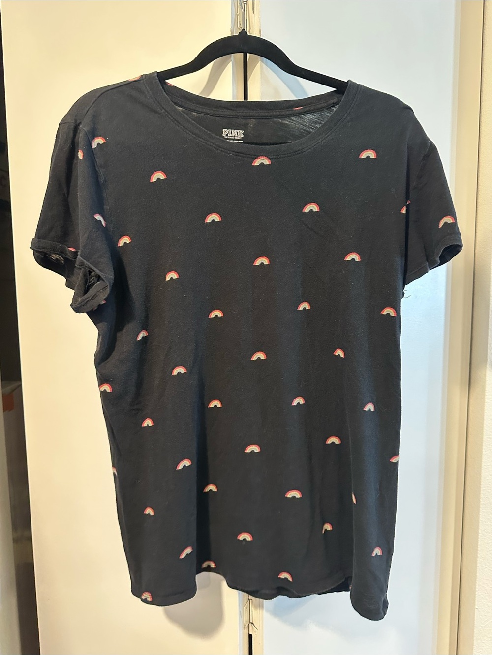 Victorias Secret Pink XL Black Short-Sleeve Tee with Mini Rainbow Print